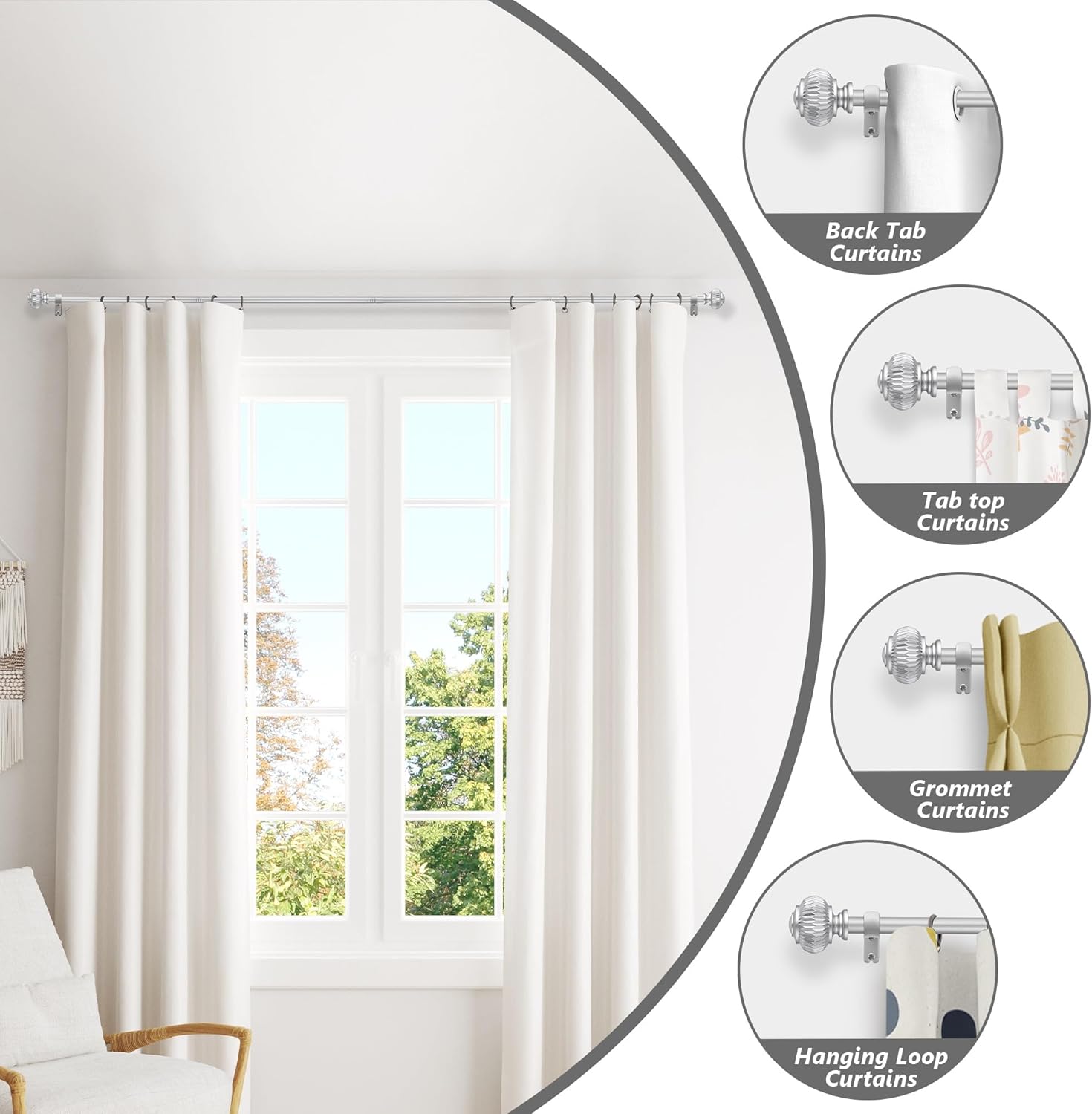 Silver Curtain Rods for Windows 28 to 48 Inches 6/8 Inch Adjustable Heavy Duty Curtain Rods with Lantern Ball Finials,Window Treatment Single Curtain Rod Set
