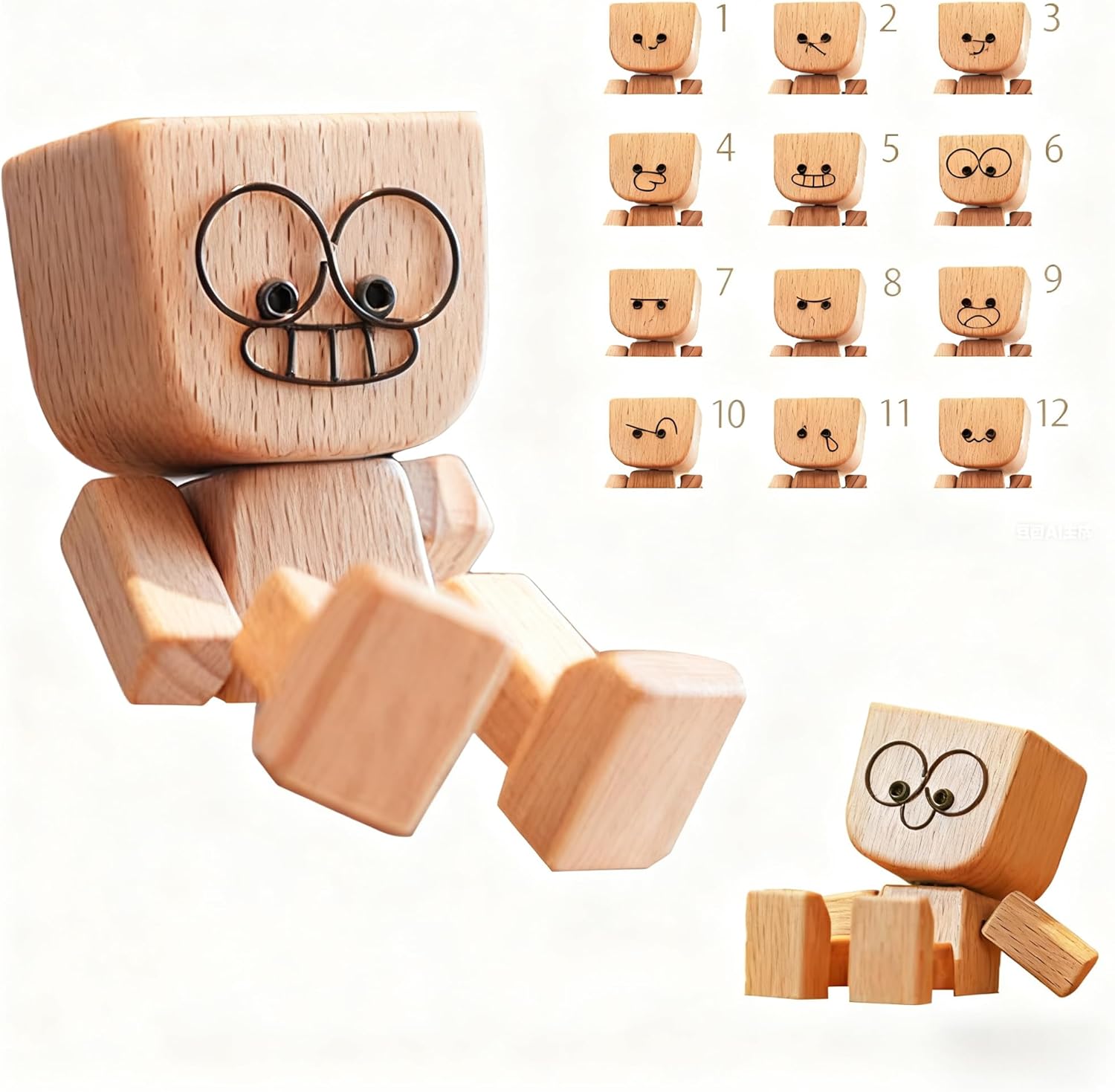 Shaking Wooden Man Doll with 12 Magnetic Changeable Faces - Handmade Shaking Wooden Man Figurine for Car Dashboard, Desk, Office Decor