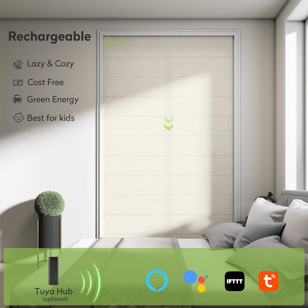 ZSTARR Smart Roman Shades Rechargeable Motorized Blinds with Remote Light Filtering Roman Window Shades Plain Fold Soft for Doors Bedroom, Custom Size (Light Beige)