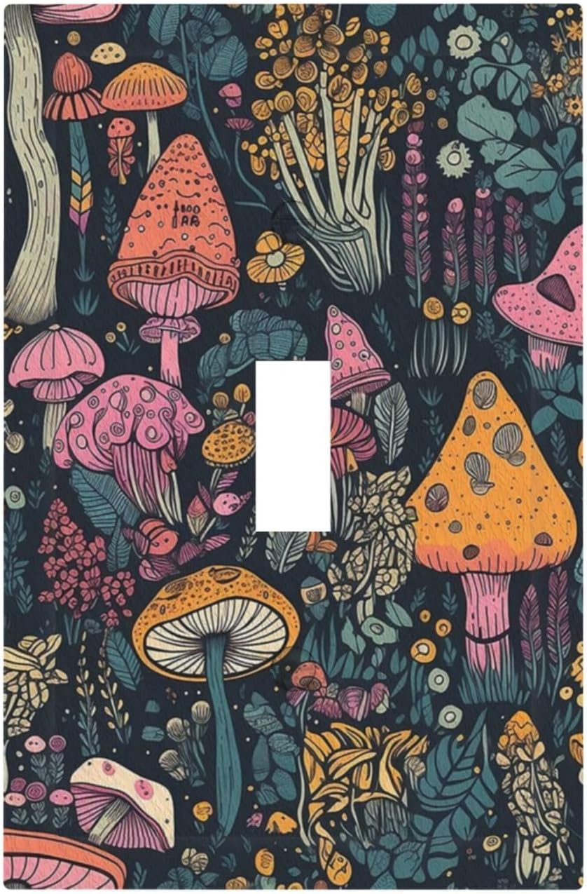 Decorative Light Switch Cover Multicolored Mushrooms Colorful Plant Single Toggle Switchplate 1 Gang Personalized Wall Plate Switchcover Decora Light Switch Plate for Home Office Decor
