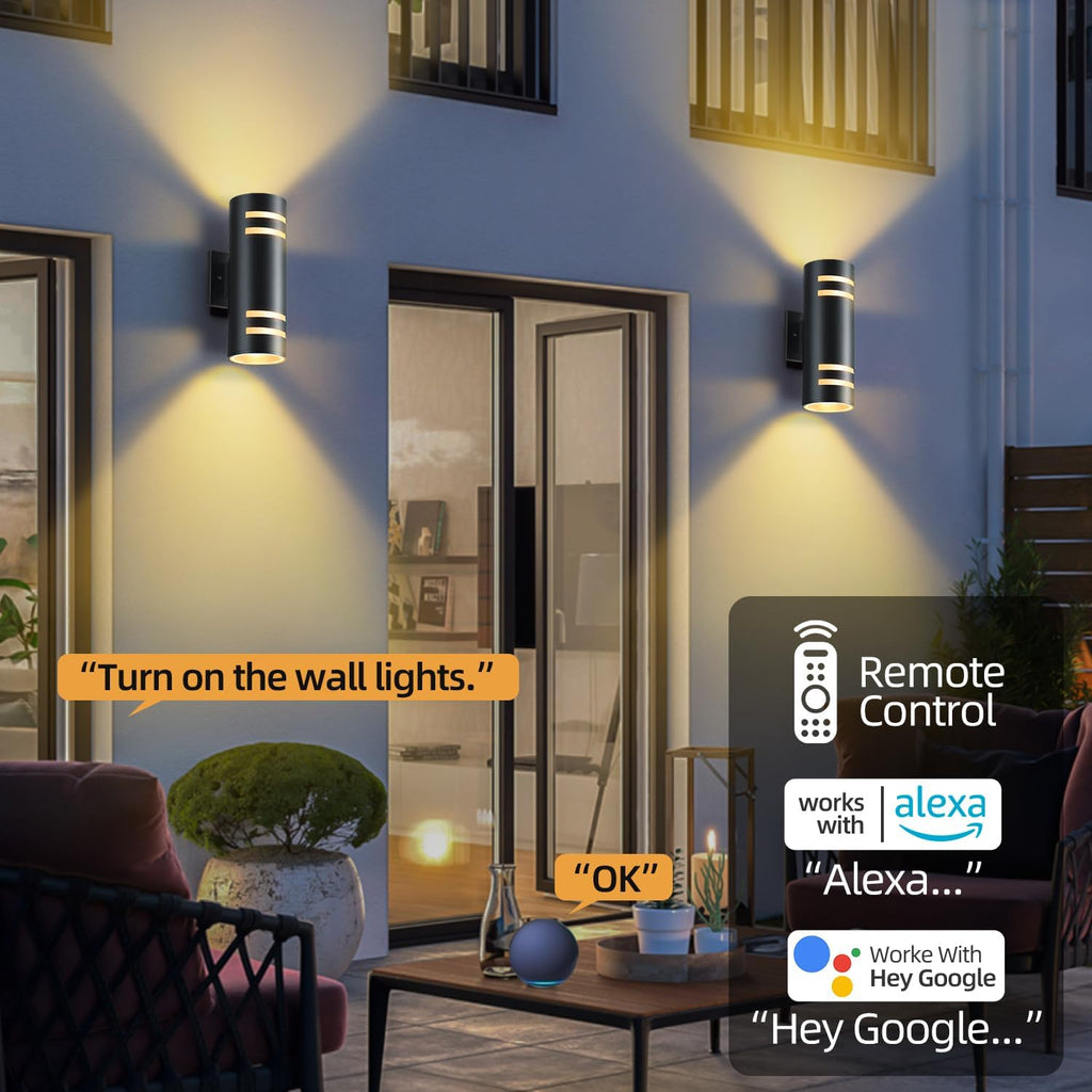 Smart Outdoor Wall Lights 2 Pack, Cylinder Black Exterior Lighting Fixtures Dusk to Dawn Outdoor Lighting, Aluminum Color Changing Porch Lights, Ambiance Sconce Control with App and Voice