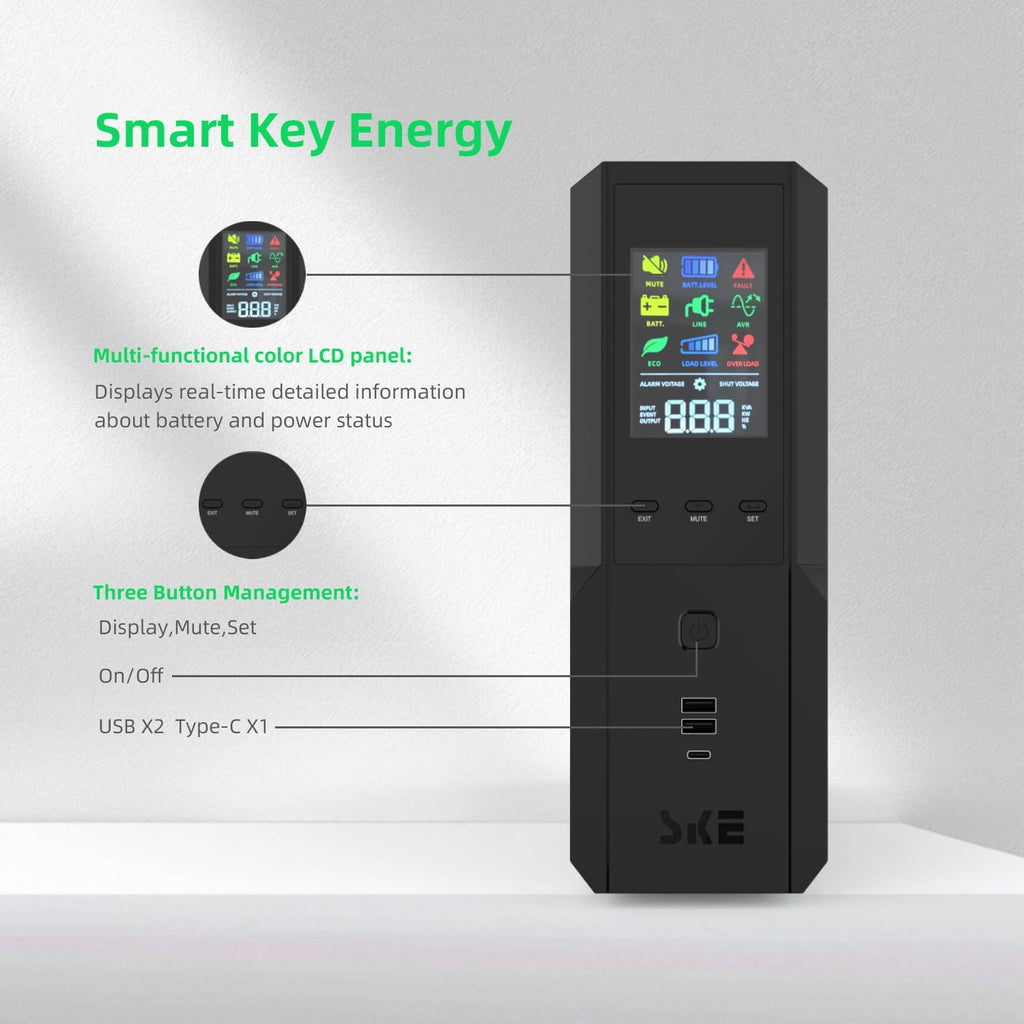 SKE 1500VA/900W Small UPS Battery Backup & Surge Protector for Computer UPS Uninterruptible Power Supply Phoenix VL1500