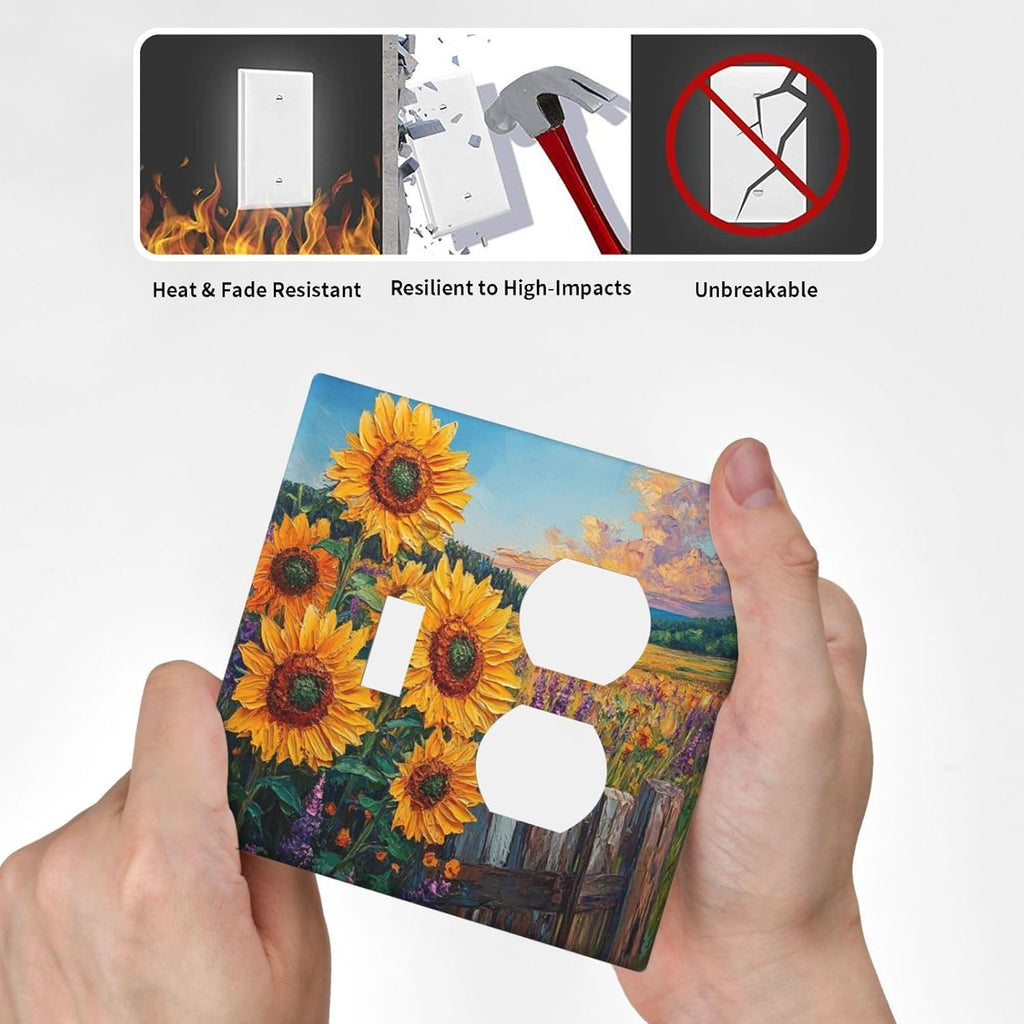 Decorative Outlet Covers Rustic Wilderness Sunflower Lavender Muzha Oil Painting 2 Gang Wall Plate Cover Single Toggle Duplex Combo Light Switch Cover Plate Faceplate