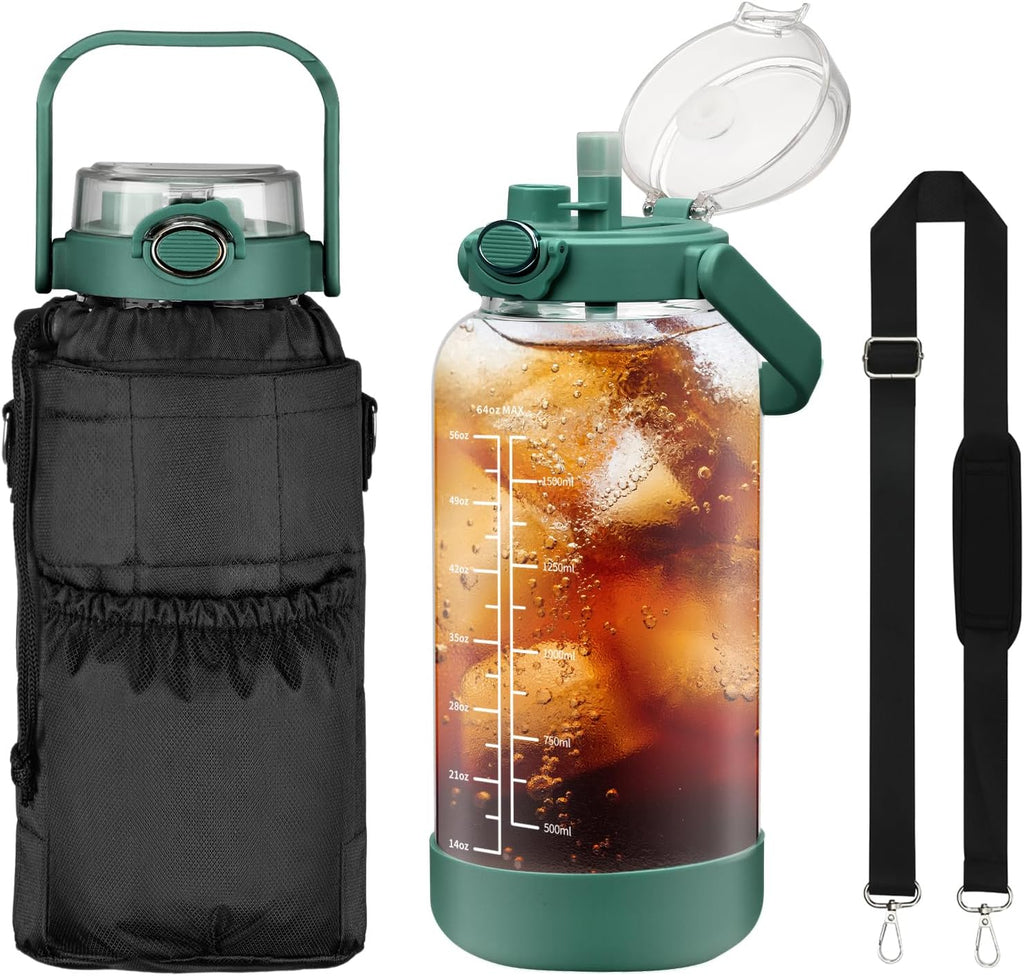 64oz Glass Water Bottle with Straw and Sleeve Half Gallon Motivational Water Bottle with Time Marke and Strap 2L Leakproof Borosilicate Reusable Water Jug for Gym Outdoors