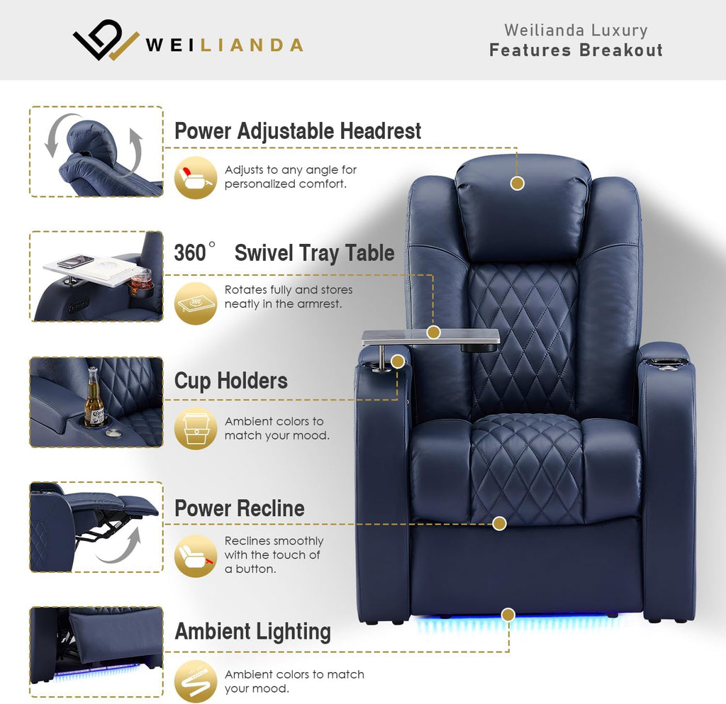 Weilianda Home Theater Seating Top Grain Leather Zero Gravity Recliner Chair Power Headrest Recline Movie Seat Gaming 7 Colors Mood Light Sofa with Tray Table USB Charge Row of 4 Loveseat Middle Blue