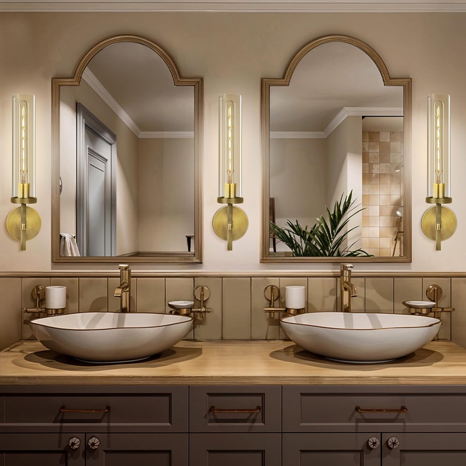 Brass Wall Sconce 19.48" Handcrafted Vintage Wall Lamp with Clear Glass Tube & Knurled Detailing, Sconce Lighting for Bedroom Bathroom Hallway Staircase Entryway, Dining Room Decor Lighting Fixture