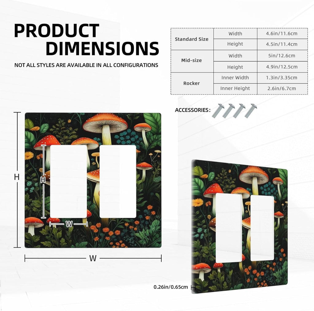 Decorative Outlet Covers Boho Red Mushroom Green Leaf Plants Floral 2 Gang Wall Plate Double Rocker Switch Light Switch Plate Covers Jumbo Dual Electrical GFCI Switch Cover Plate