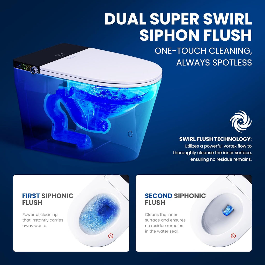 Smart Toilet, ADA Height Elongated with Quiet Dual Pump, 4-Level Heated Seat, Foot Sensor & Automatic Flushing, LED Light
