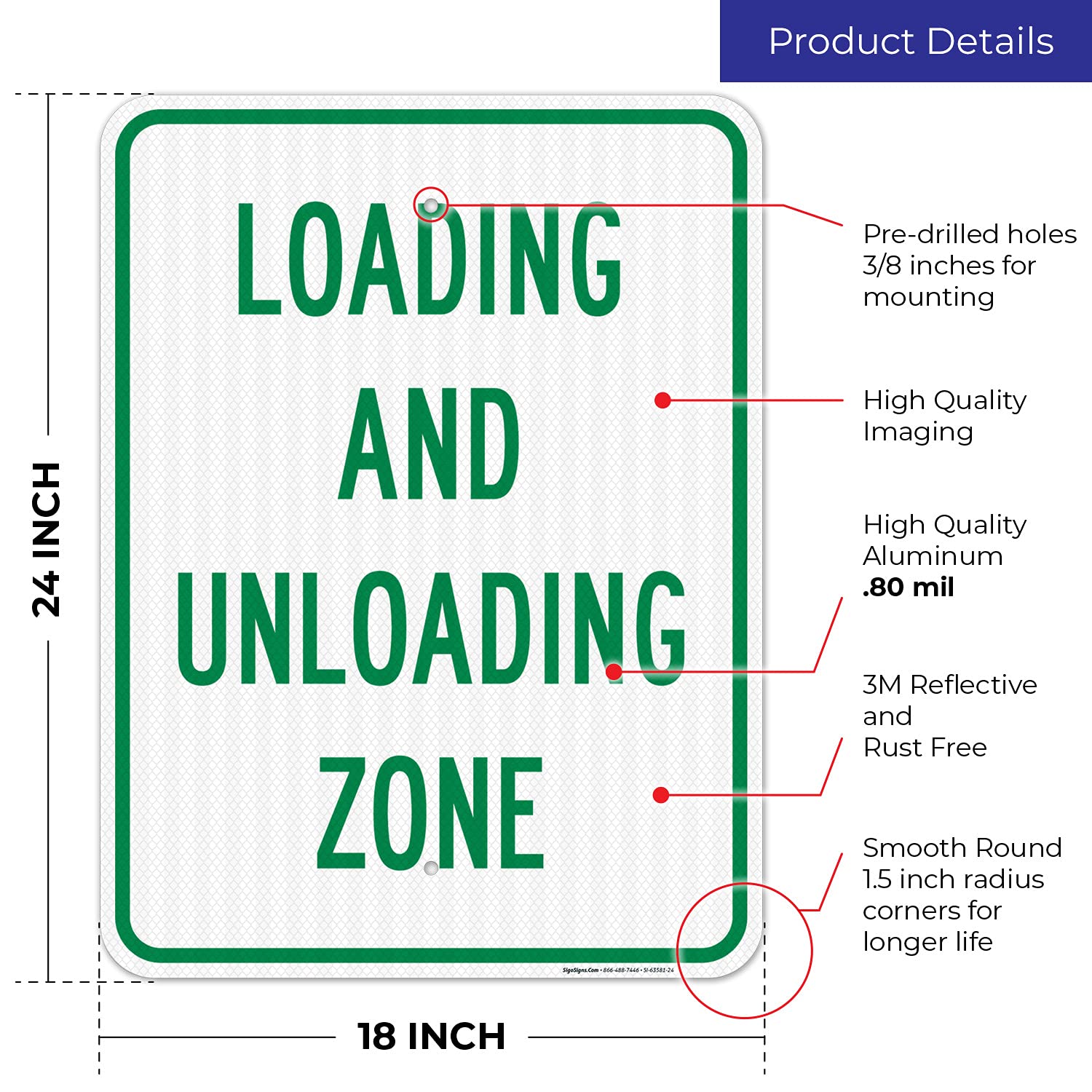 Loading and Unloading Zone Sign, 18x24 Inches, 3M EGP Reflective .080 Aluminum, Fade Resistant, Made in USA