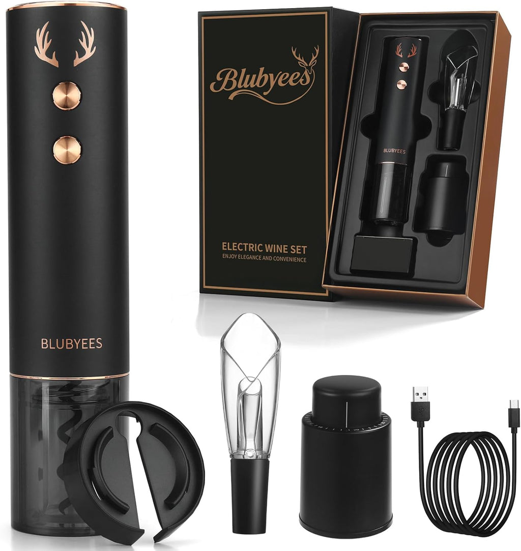 4-in-1 Rechargeable Electric Wine Opener Set - Automatic Corkscrew, Foil Cutter, Aerator Pourer, Vacuum Stopper - Wine Lovers Gifts for Women and Men