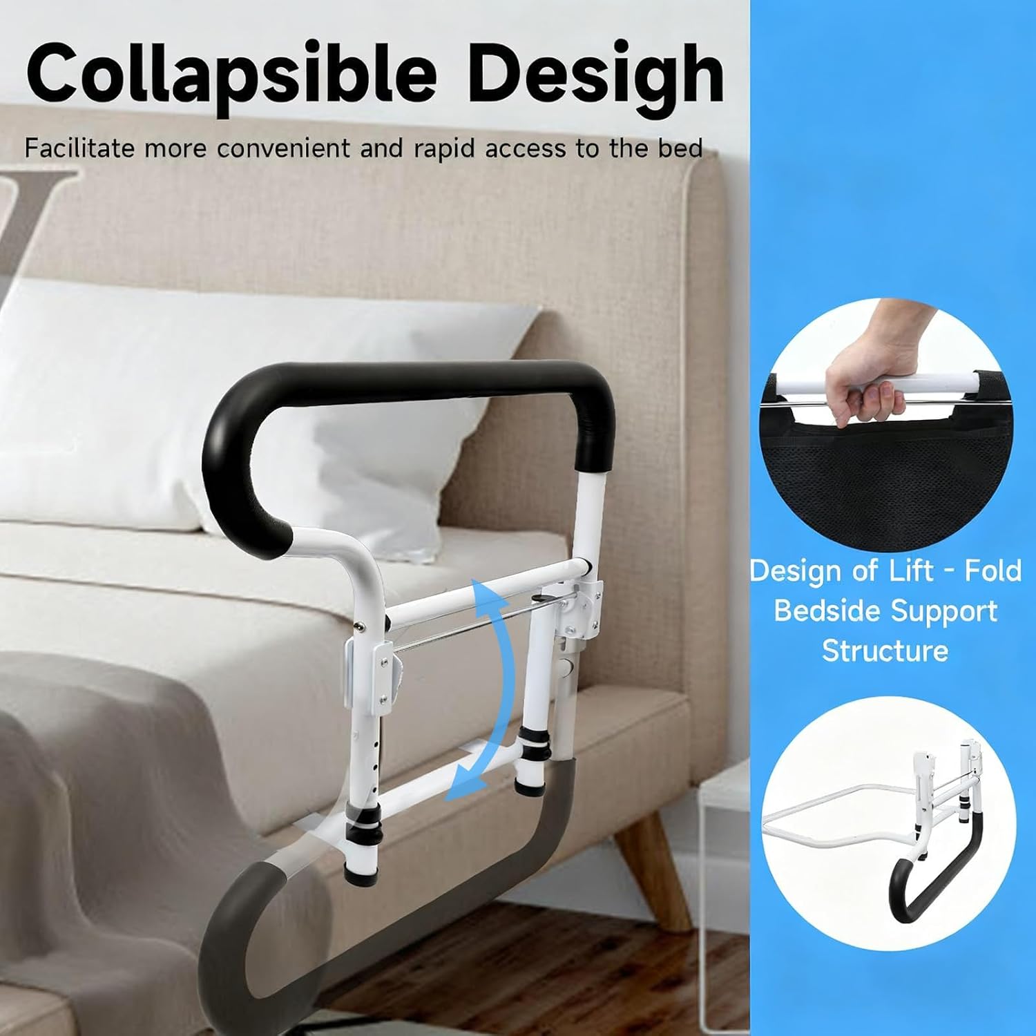 Bed Rails for Elderly Adults Safety-ASTM Approved Adjustable Bed Assist Rail for Seniors,with Storage Bag & Fixing Strap, Foldable Bed Assist Handle -Non-Slip Ergonomic Handle