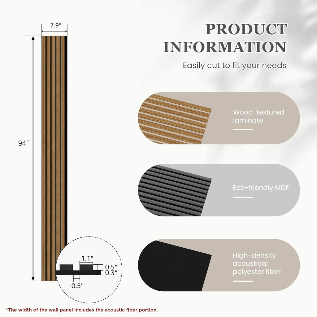 Wood Salt Acoustic Wall Panels, 6 Piece 94" x 7.9" x 0.8" Soundproof Wooden Wall Panels, 3D Fluted Sound Absorbing Panel, Natural Oak