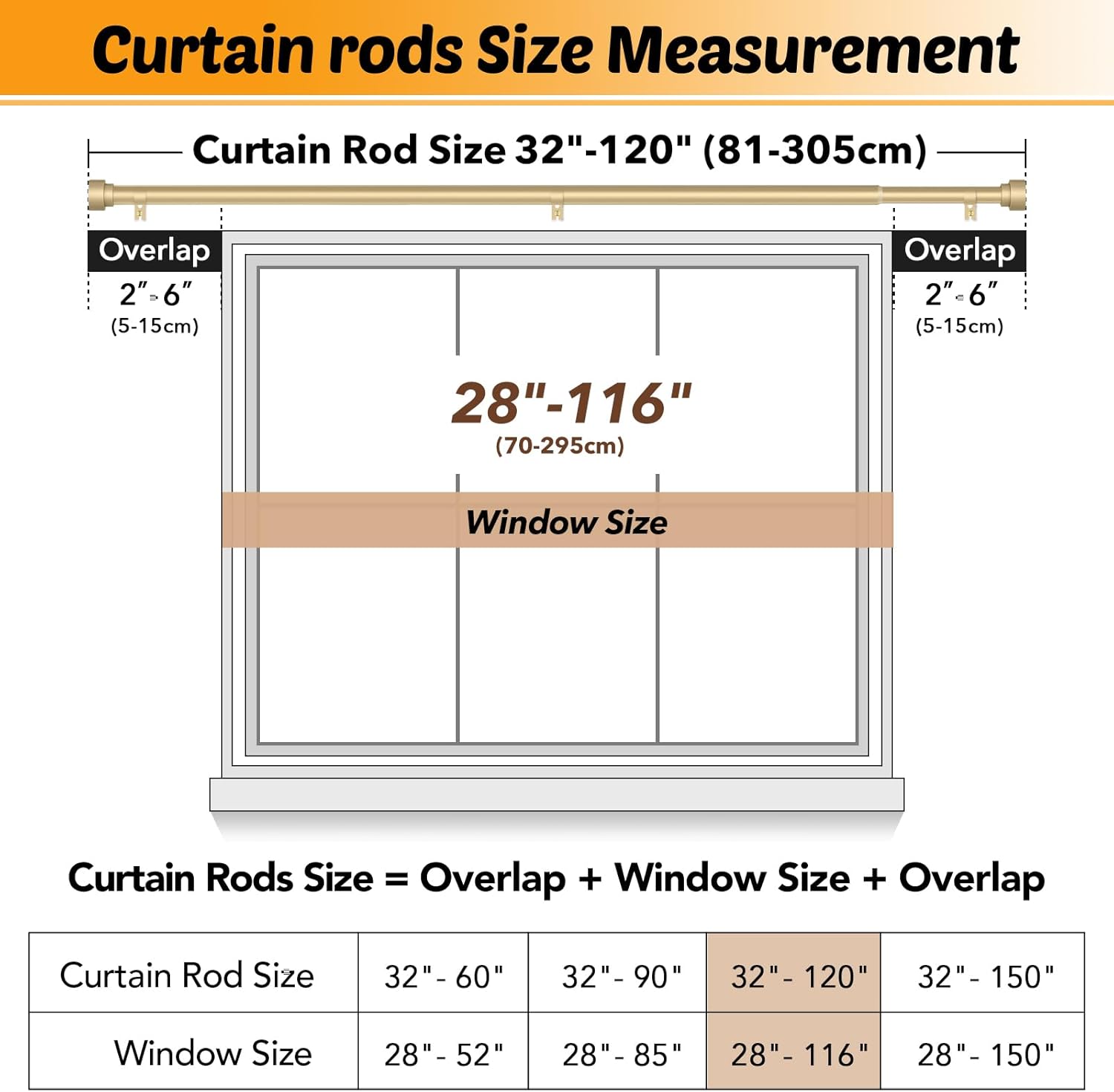 GEEBOBO Gold Curtain Rods for Windows 66 to 120 Inch, 1 Inch Adjustable Heavy Duty Decorative Window Curtain Rod, W1 (Gold, 32"-120")