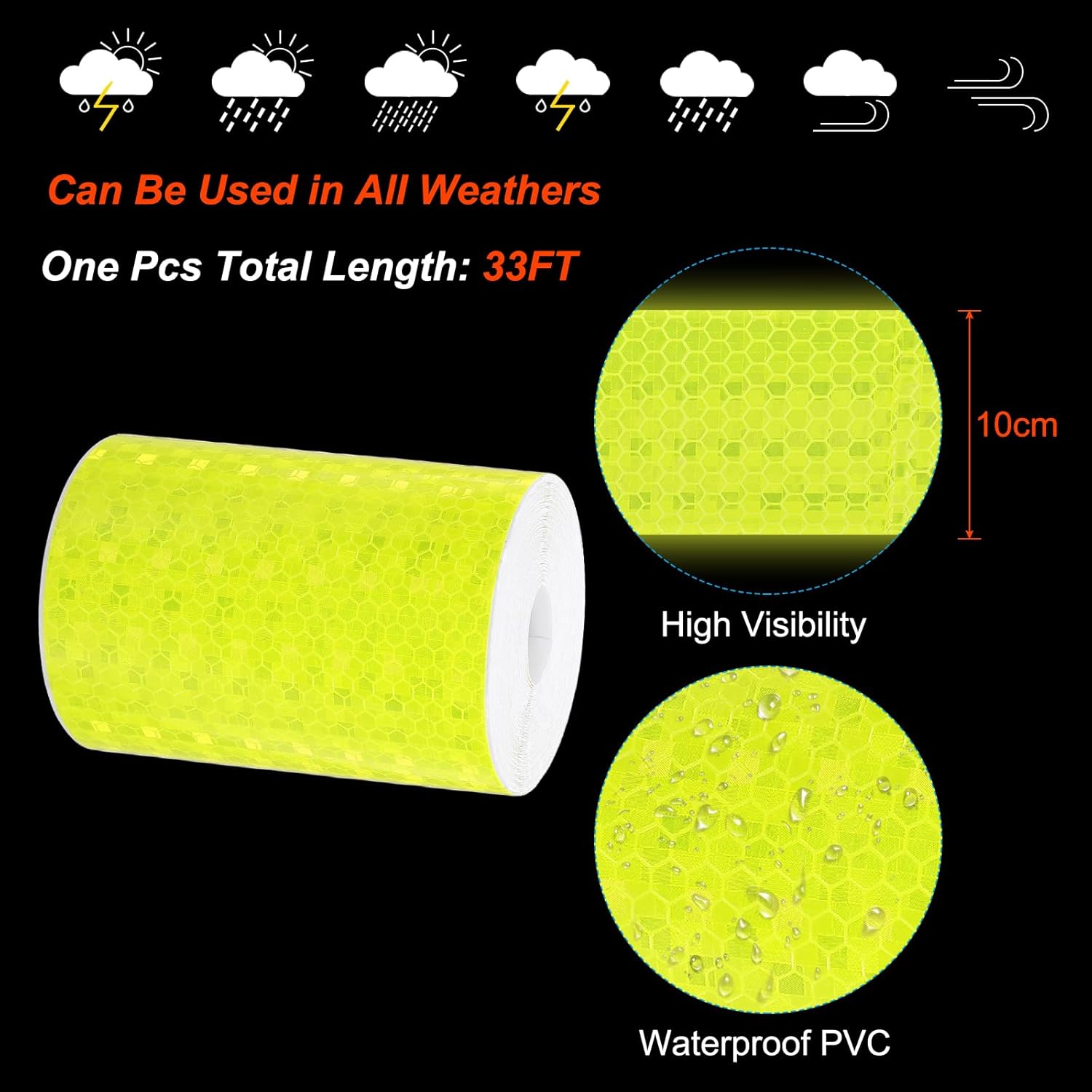PATIKIL 4 Inch x 33 ft Reflective Tape, 1 Roll Waterproof Self Adhesive High Visibility Caution Warning Safety Tape Reflector with Scraper for Trucks Trailers Cars, Bright Yellow