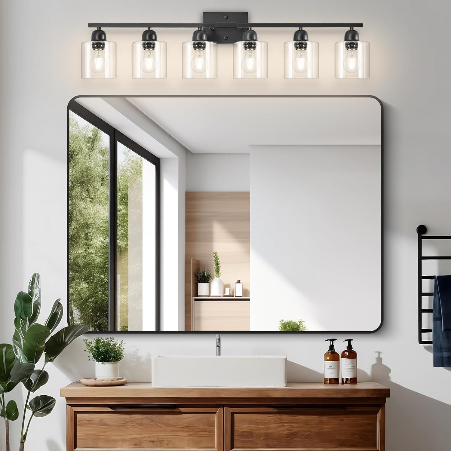 Bath Vanity Lights For Mirror, Restroom Lights Fixtures With Milky White Frosted Glass Shades,Bathroom Over Sink Light Fixtures, Bathroom Light Fixtures Over Mirror (Black with clear glass, 6-Light)