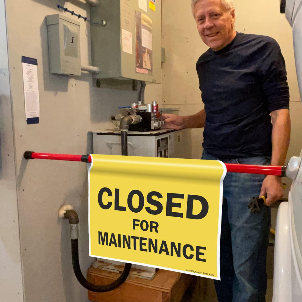 SmartSign "Closed For Maintenance" Hanging Doorway Barricade Sign, Spring-loaded Adjustable Twist-To-Tighten Aluminum Pole & 11.25" x 18" Vinyl Safety Sign Kit, Black/Yellow, USA-Made