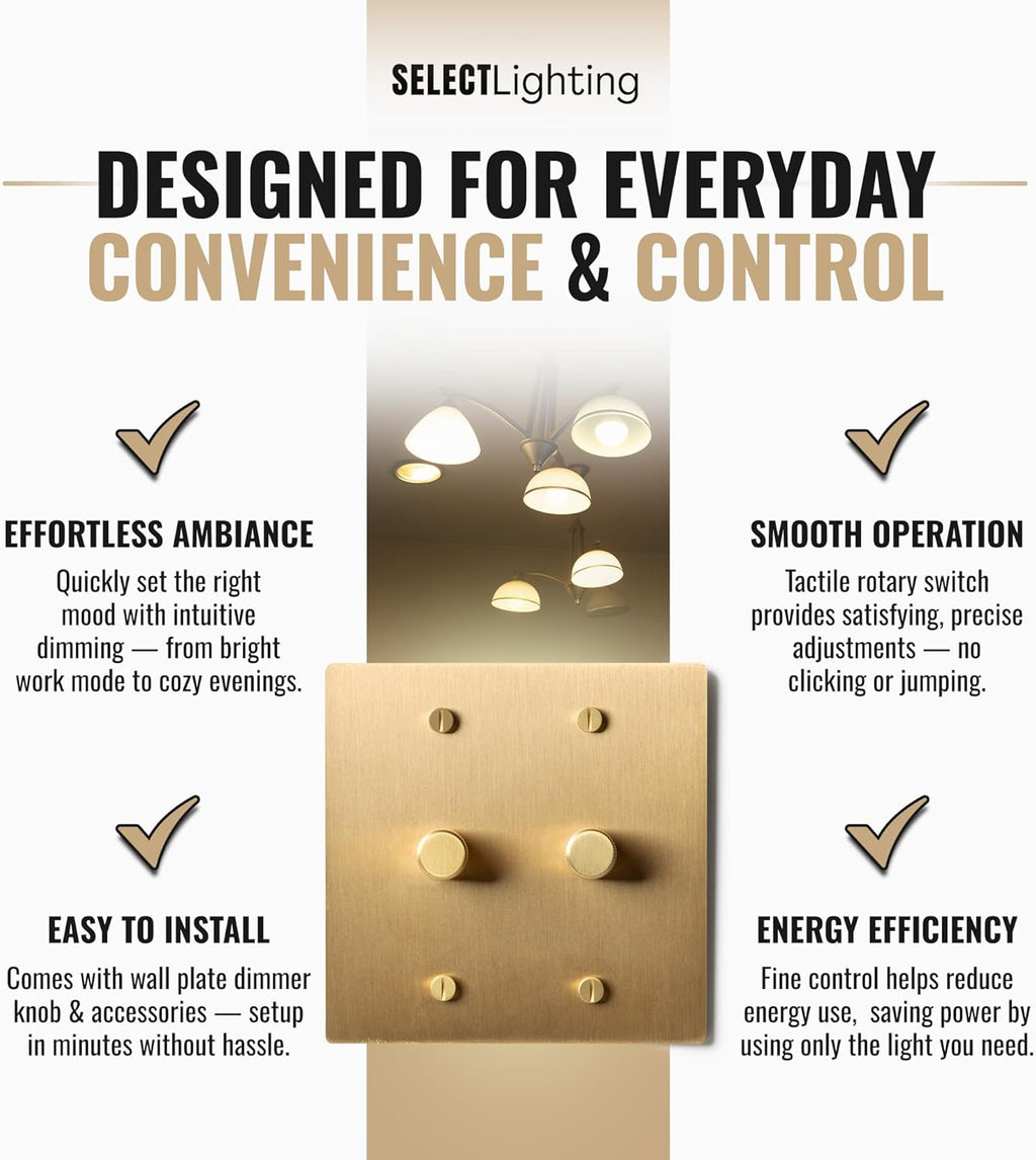 2-Gang Satin Solid Brass Rotary Dimmer Switch, 15A 120V AC Wall Mount, TRIAC/Leading Edge 1-Way Compatible, Dimmable LED Light Control with Knob, Faceplate & Dimming Module