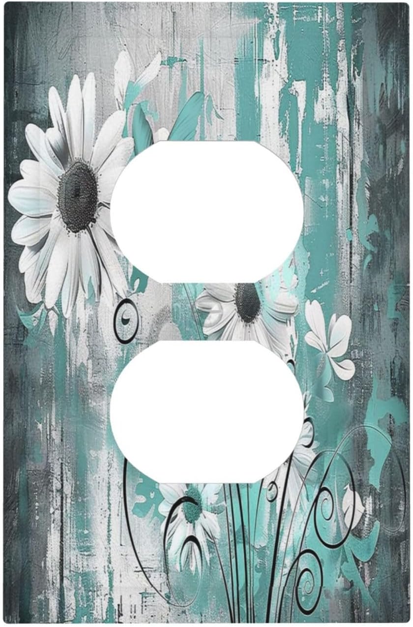 Outlet Covers Teal Daisy Floral Vintage Wood Plank 1 Gang Duplex Light Switch Cover Decorative Switch Plates Electrical Receptacle Faceplate Wall Plate For Farmhouse Cabin Decor