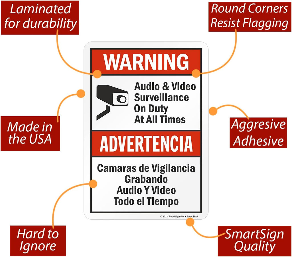SmartSign 10 x 7 inch “Warning - Audio & Video Surveillance On Duty At All Times” Bilingual Sticker Label, 3 mil Laminated Adhesive Polyester, Red, Black and White, Made in USA
