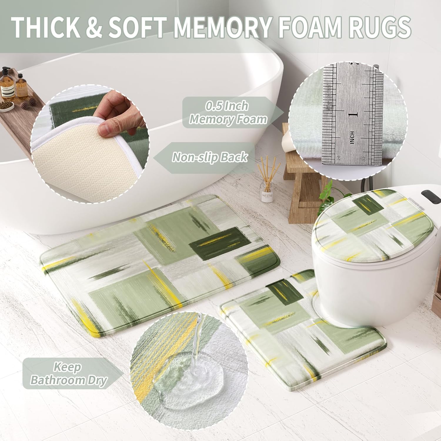 Bathroom Accessories Set - 25PC Bathroom Set with Shower Curtain and Rugs, Sage Green Bathroom Set, Bathroom Accessory Set with Press-on Lid Trash Can, Soap Dispenser and Qtip Holders