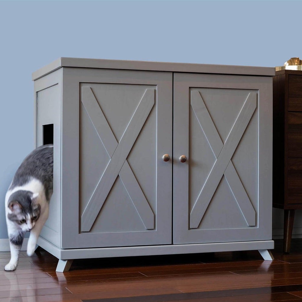 THE REFINED FELINE Cat Litter Box Enclosure Cabinet, Farmhouse, Smoke Gray, Mid-Century Feet, XLarge, Hidden Litter Cat Furniture with Drawer