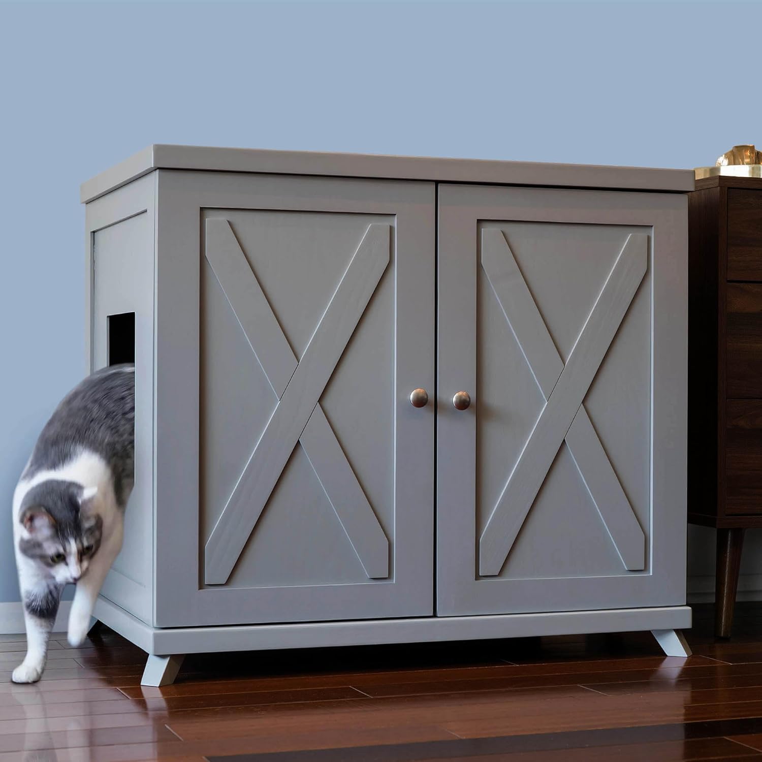 THE REFINED FELINE Cat Litter Box Enclosure Cabinet, Farmhouse, Smoke Gray, Mid-Century Feet, XLarge, Hidden Litter Cat Furniture with Drawer