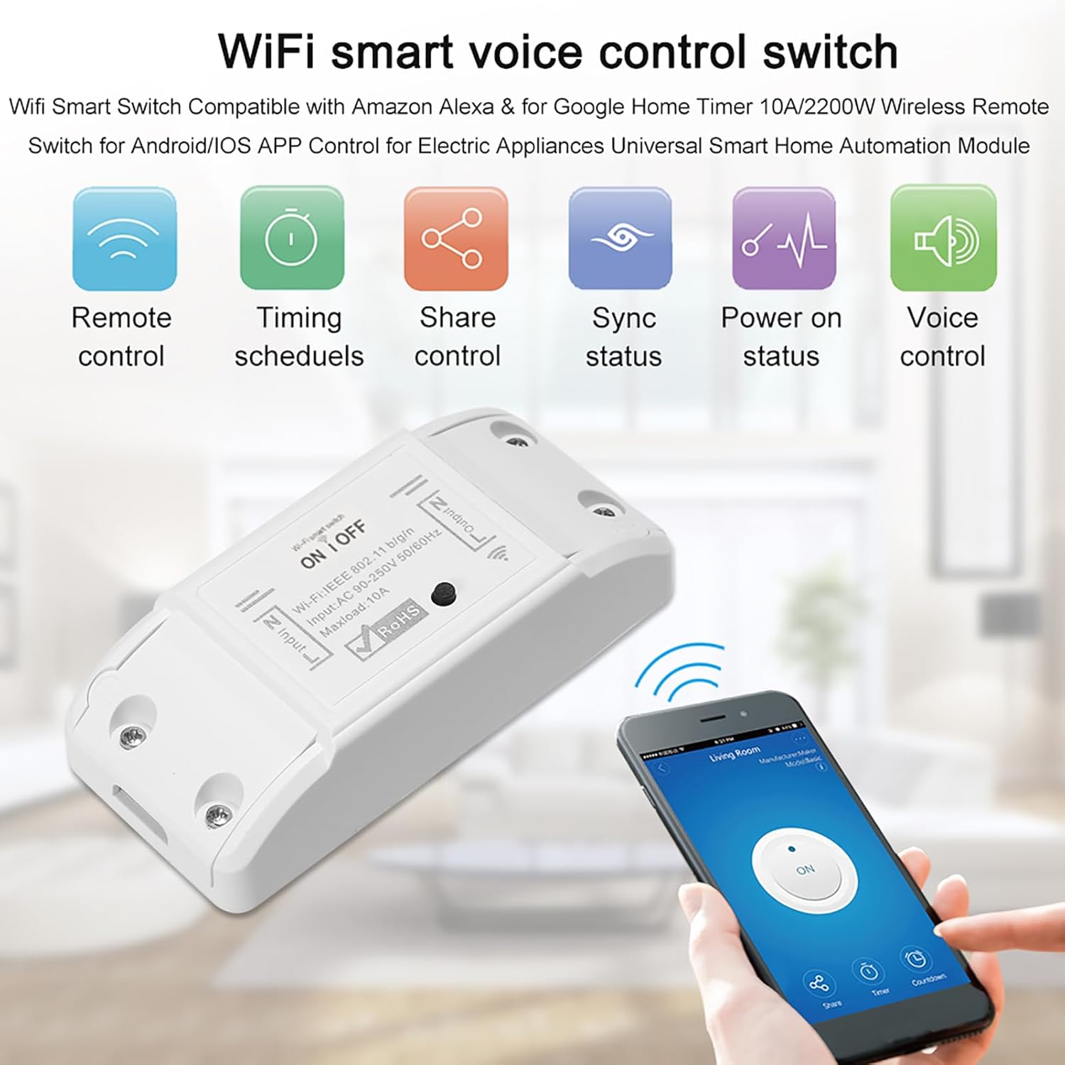 Docooler WiFi Wireless Remote Light Switch AC90-250V 10A, 1CH Switch Realy, Support Mobile APP Control ＆ Voice Control, Compatible with Alexa & Google Home for Universal Smart Home - 1 Pack