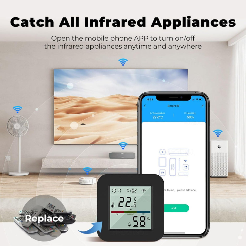 WiFi Smart IR Remote Control, 3-in-1 Smart AC Controller with Temperature Humidity Sensor n Display, Intelligent Control of T&H for Home Greenhouse Pet Garage, Compatible with Alexa (C1)