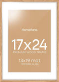 Homeforia 17x24 Picture Frame Natural Wood, High End Oak 17x24 Light Wooden Poster Frame with Mat 13x19, 17 x 24 Frames Matted to 13 x 19 Photo, 24x17 Hanging Frame, Tempered Glass, Wall Kit, Set of 1