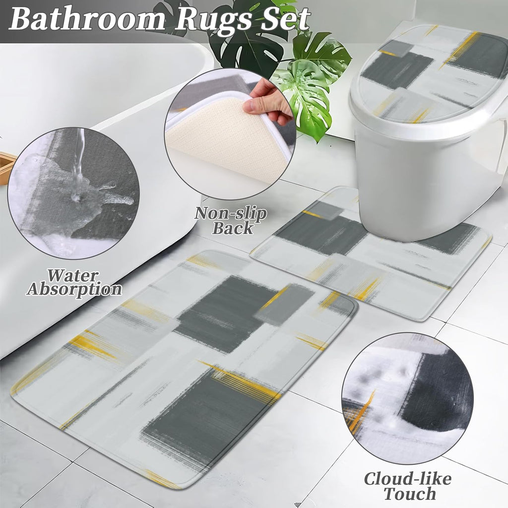 Bathroom Set - Grey and Gold Bathroom Accessories Set, Bathroom Sets with Shower Curtain and Rugs, Grey Shower Curtain Set with Bathroom Trash Can, Soap Dispenser, Soap Dish for Home Decor