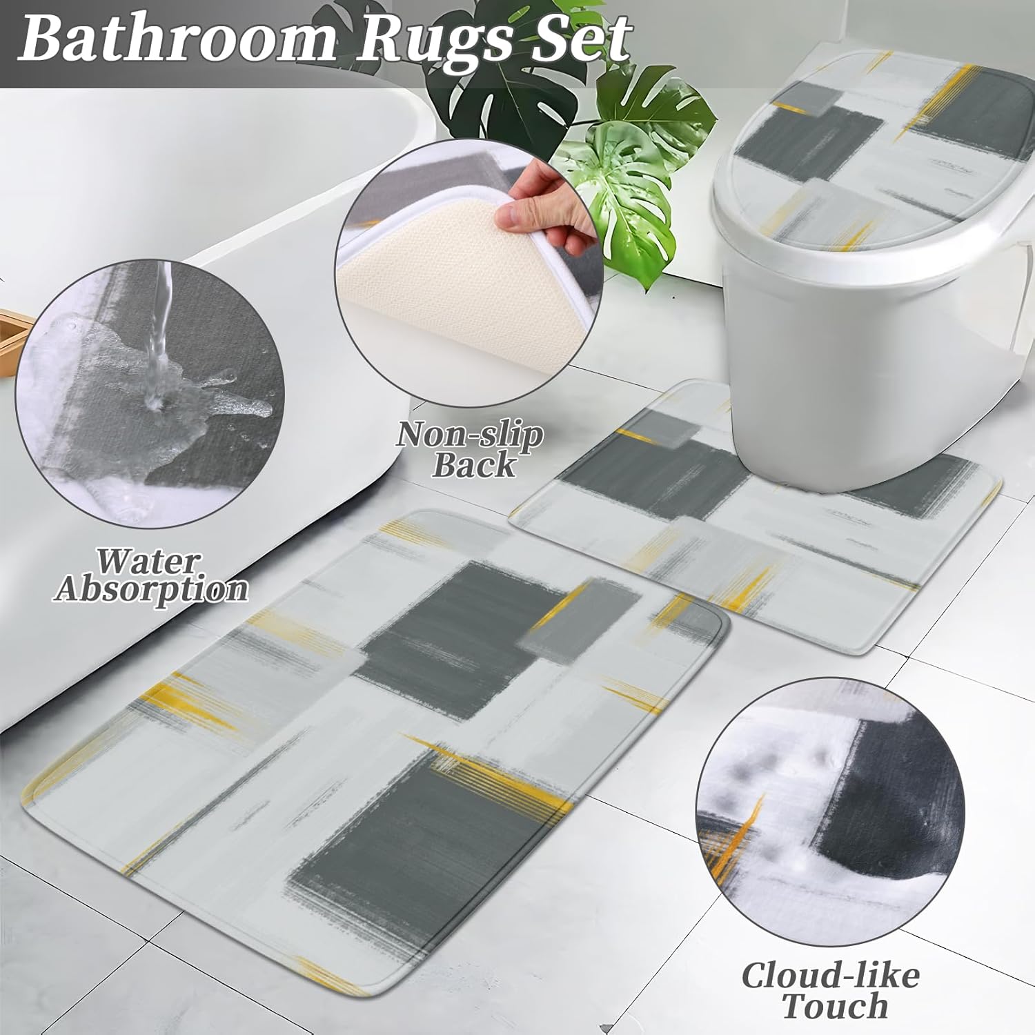 Bathroom Set - Grey and Gold Bathroom Accessories Set, Bathroom Sets with Shower Curtain and Rugs, Grey Shower Curtain Set with Bathroom Trash Can, Soap Dispenser, Soap Dish for Home Decor