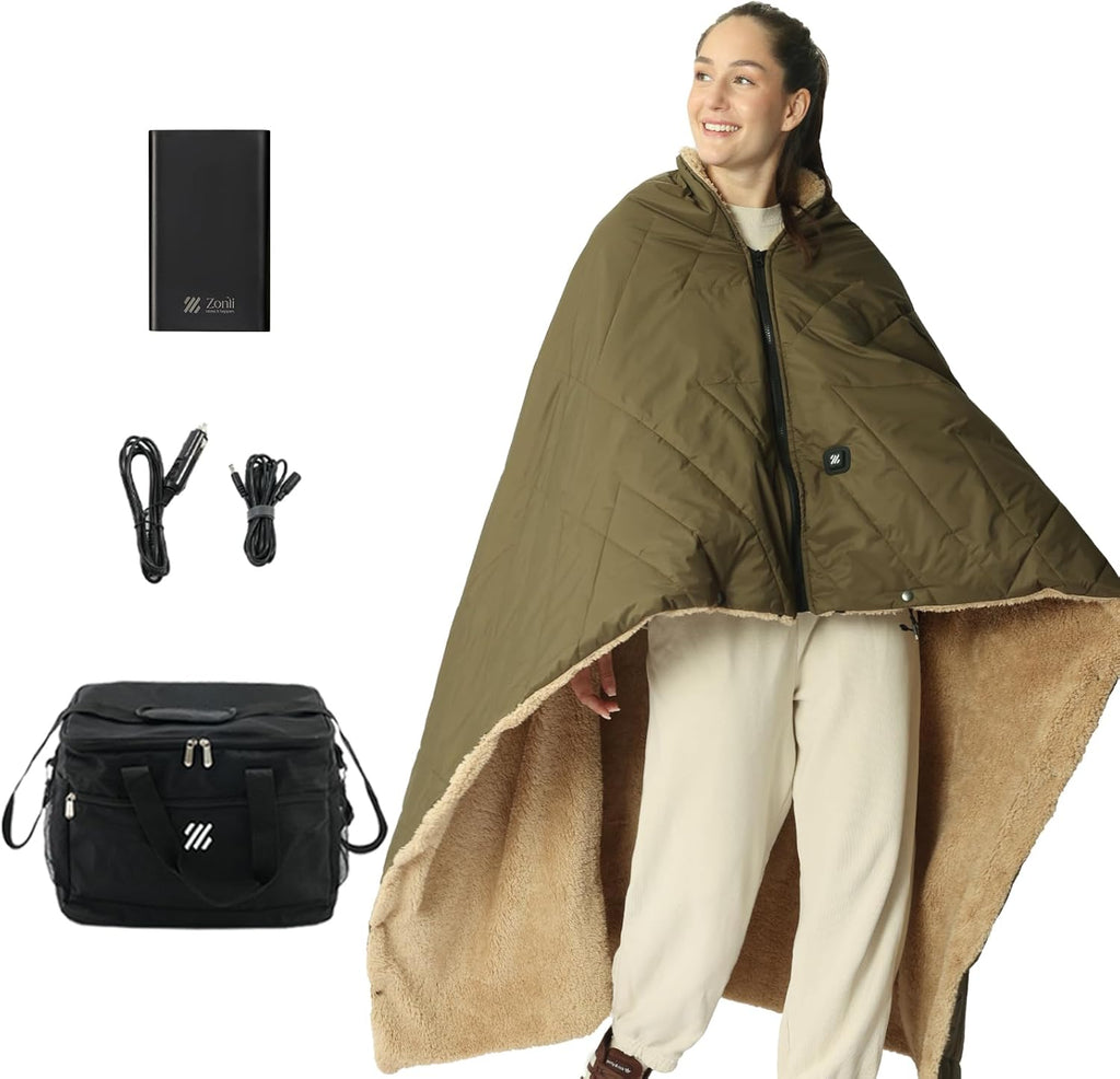 ZonLi Z-Walk Battery Operated Heated Blanket,Rechargeable 12v Portable Heated Blanket with 3 Heating Levels,Includes 20000mAh Power Bank,for Camping,Car,Stadium,Outdoors(Army Green)