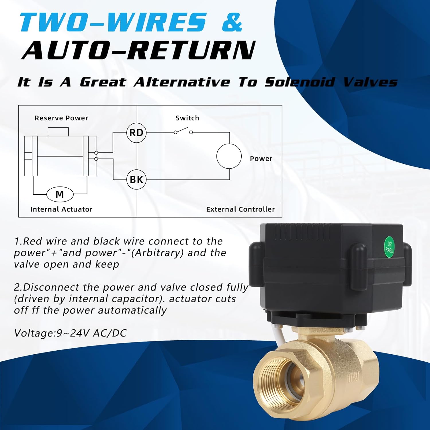 3/4" Brass Motorized Ball Valve - 2 Wire Auto Return Electric Water Valve,9-24V AC/DC Automatic Ball Valve with Full Port