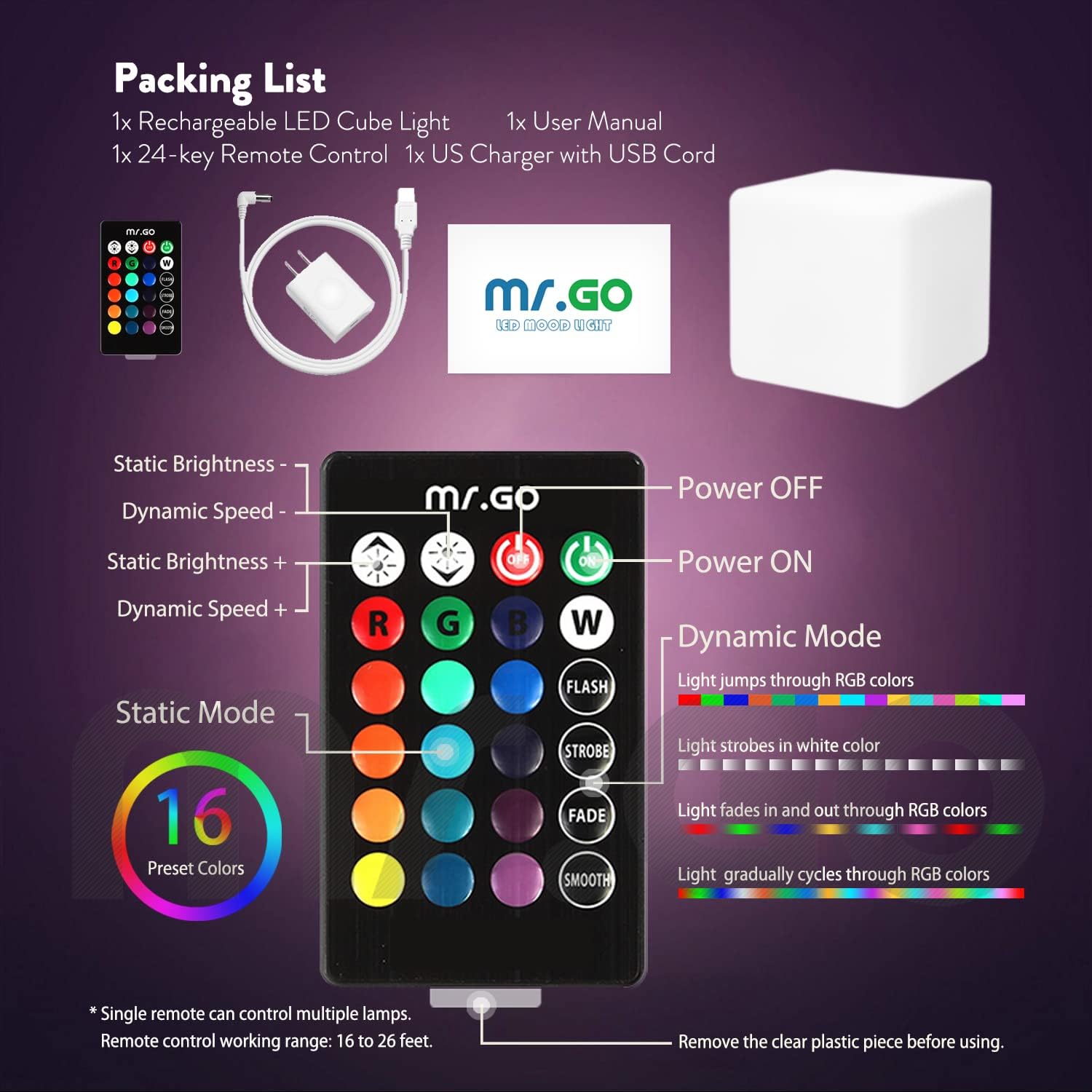 Mr.Go Rechargeable LED Color-Changing Light Cube 8", Dimmable Soothing Mood Lamp with Remote, 16 RGB Colors 4 Modes, Waterproof Cube Lights for Home Patio Party Accent Ambient Decorative Lighting
