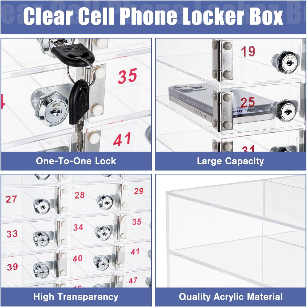 Layhit 50 Slots Cell Phone Locker Box for Classroom Clear Acrylic Cell Phone Storage Cabinet Bin with Door Locks for Classroom School Students Office Factory Employees
