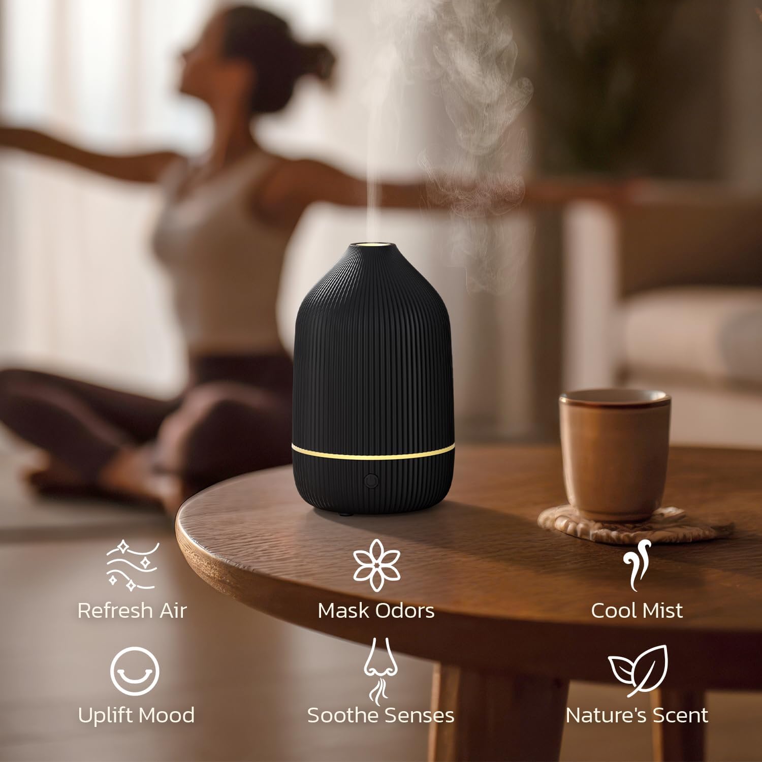 Essential Oil Diffuser, 100ml Aromatherapy Diffuser, Mini Ultrasonic Diffuser for Essential Oil, Home, Office, Cool Mist Humidifier with 7 Led Light, Auto Shut-Off, Black