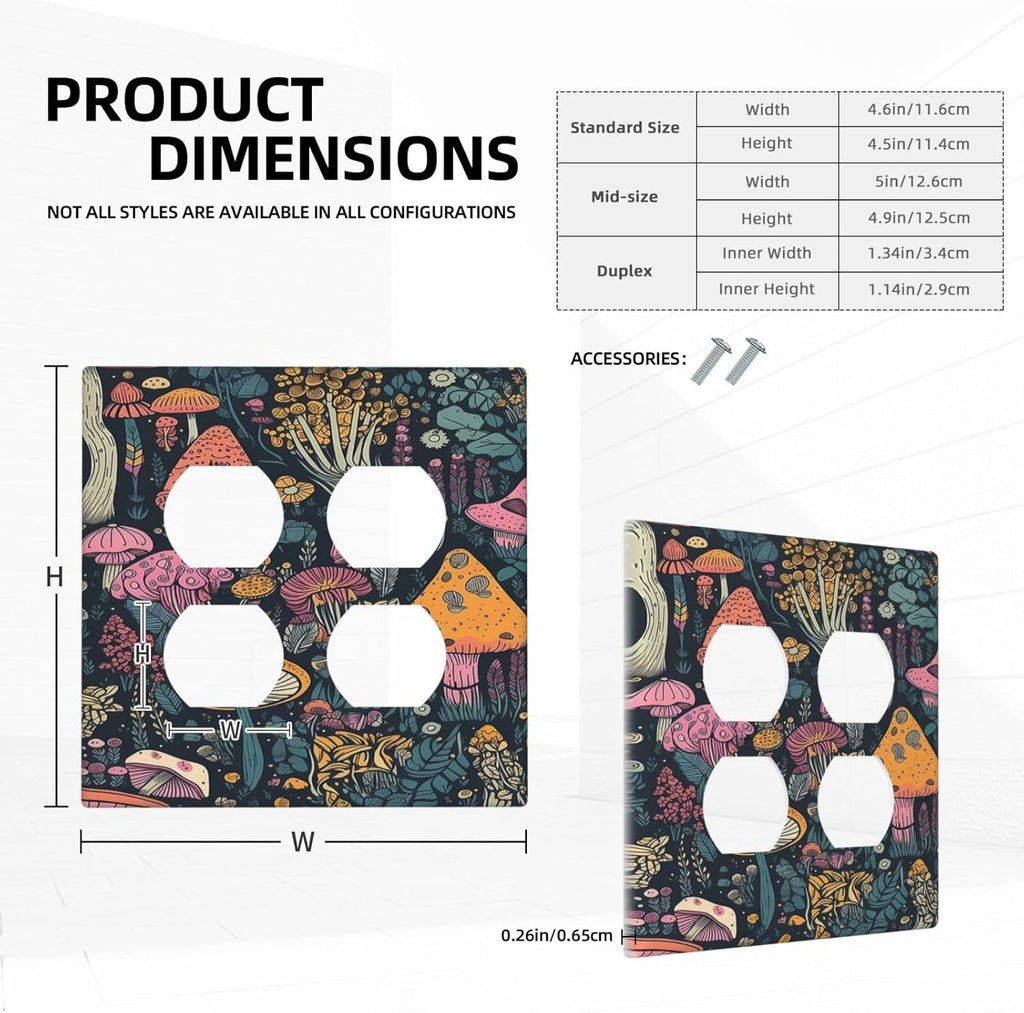 Decorative Outlet Covers Cartoon Comics Colorful Mushrooms 2 Gang Wall Plate Cover Double Duplex Receptacle Two Switch Light Switch Cover Plate Jumbo Dual Faceplate for Home Decor