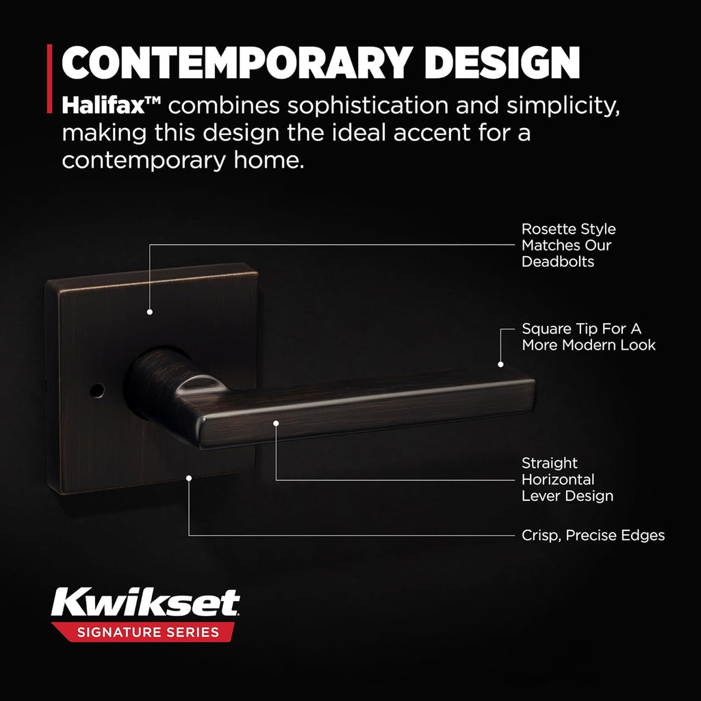 Kwikset Halifax Interior Privacy Door Handle with Lock, Door Lever For Bathroom and Bedroom, Venetian Bronze Reversible Keyless Push Button Lock Door Lever, with Microban Protection, Square Rose