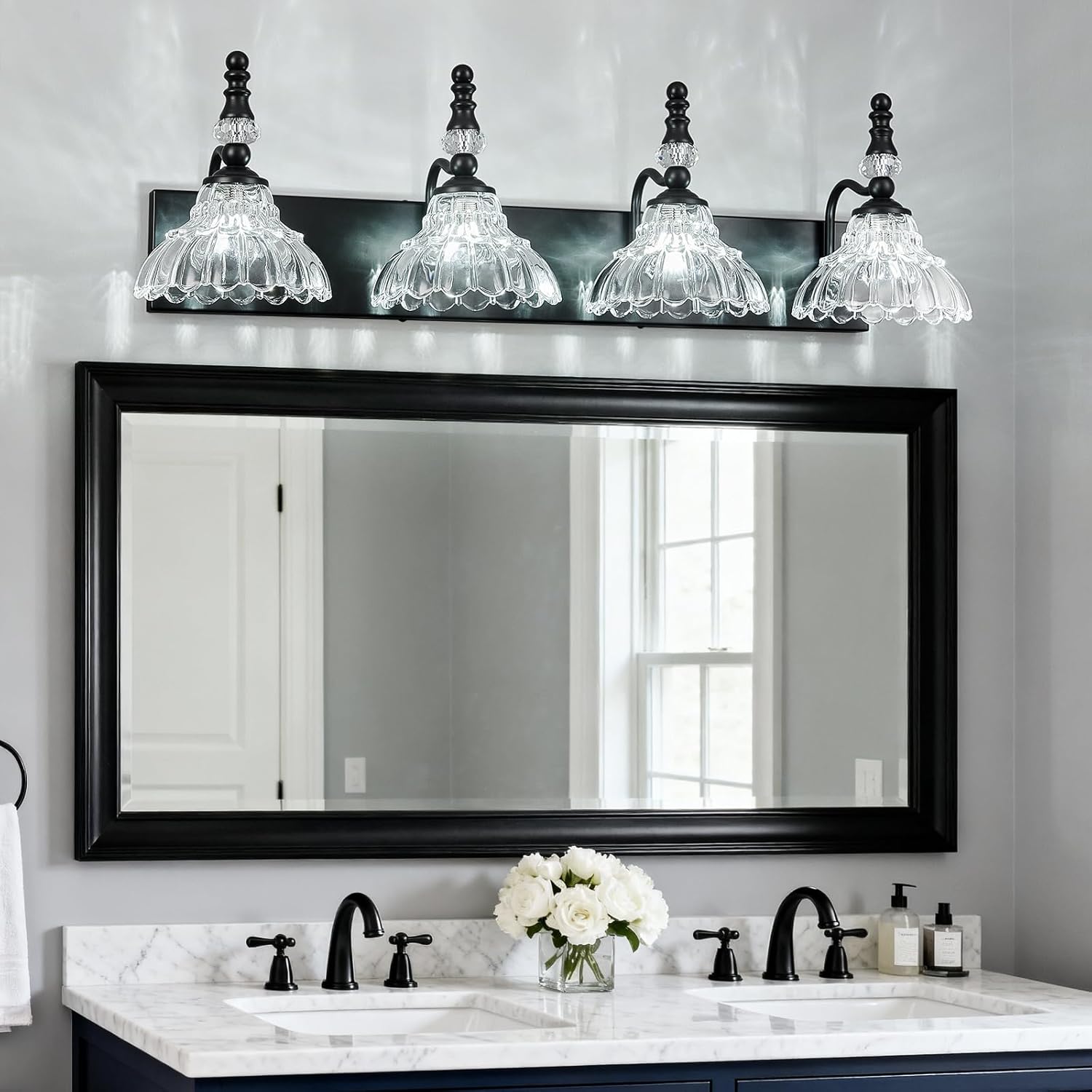 Vintage Bathroom Vanity Light, 4-Light Black Vanity Lighting Fixture with Flower Glass Shade, Bathroom Lighting Fixtures Over Mirror