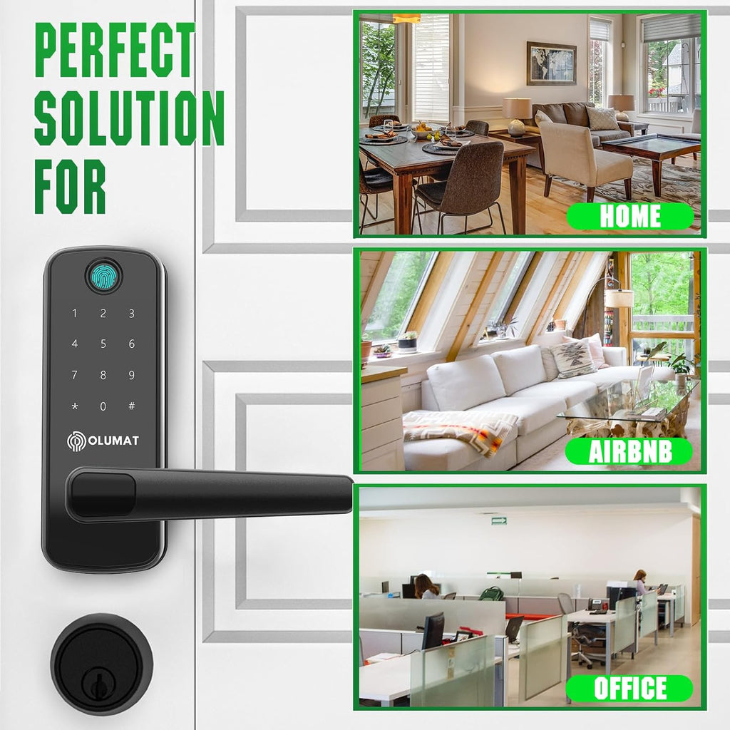 Smart Door Lock, OLUMAT Keyless Entry Door Lock Fingerprint Door Lock with Keypad Digital Lock with Handle for Home, Rental, Garage, Office and Hotel