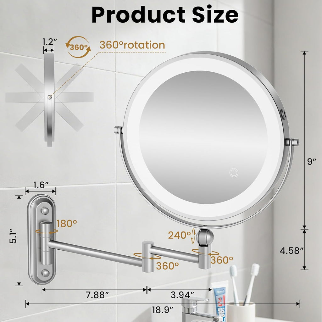 Rocollos 9-Inch Large Makeup Mirror with 30X Magnification, Rechargeable Wall Mounted Vanity Mirror with Lights, 3 Color Dimmable LED, Touch Screen & Retractable Arm-Black (9INCH-Chrome)