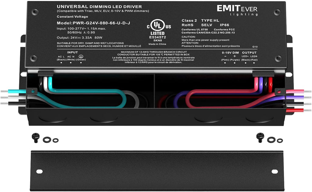 EMITEVER Dimmable Led Driver, 80W AC 110V-277V to DC 24V Transformer, 5-in-1 Dimming: ELV/MLV/TRIAC / 0-10V / 1-10V / 10V PWM/Potentiometer,Class 2,Waterproof IP67 and UL Listed，Class 2