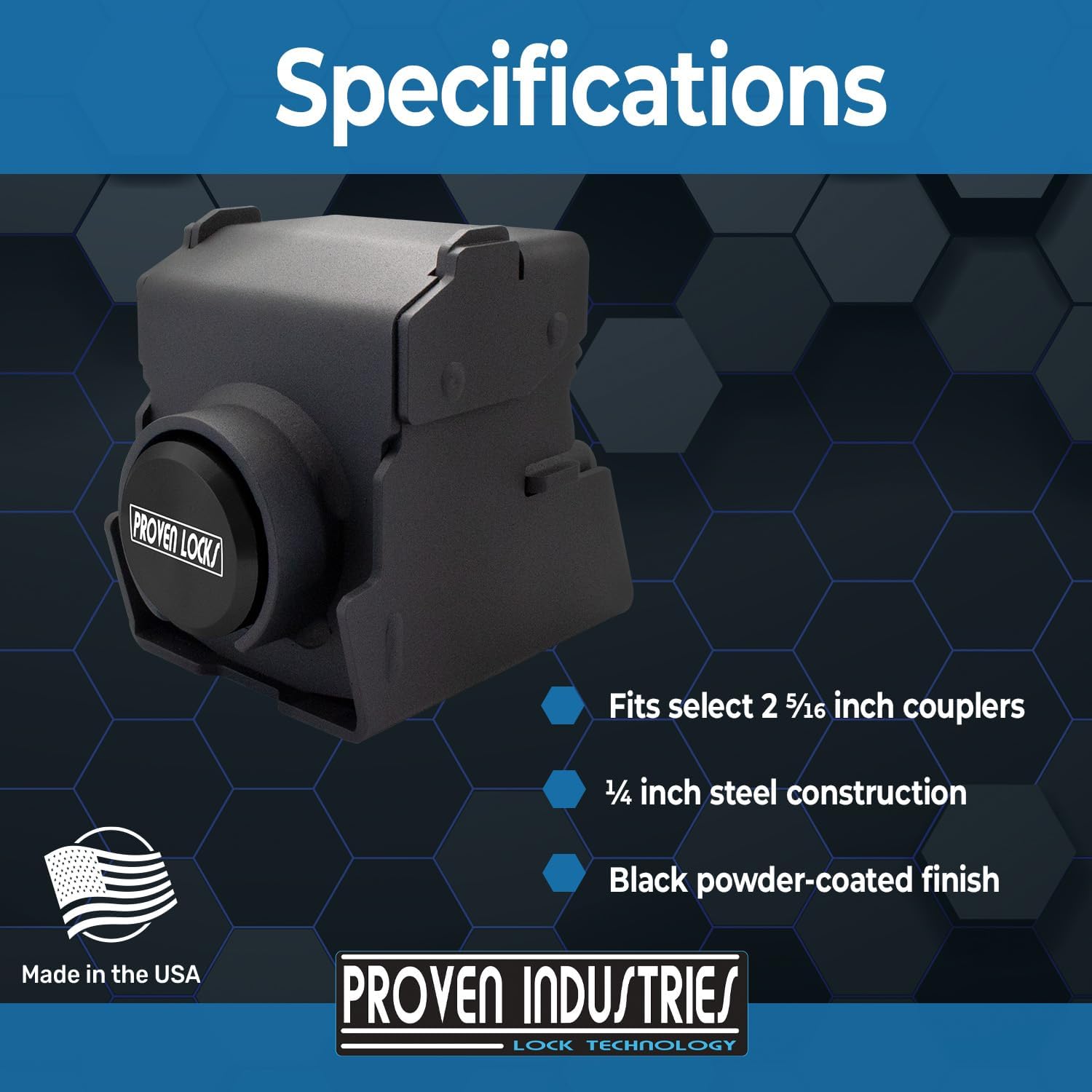 Proven Industries Model 2516 Trailer Lock, Fits 2 5/16-Inch Couplers, Made in The USA (Black-Square)