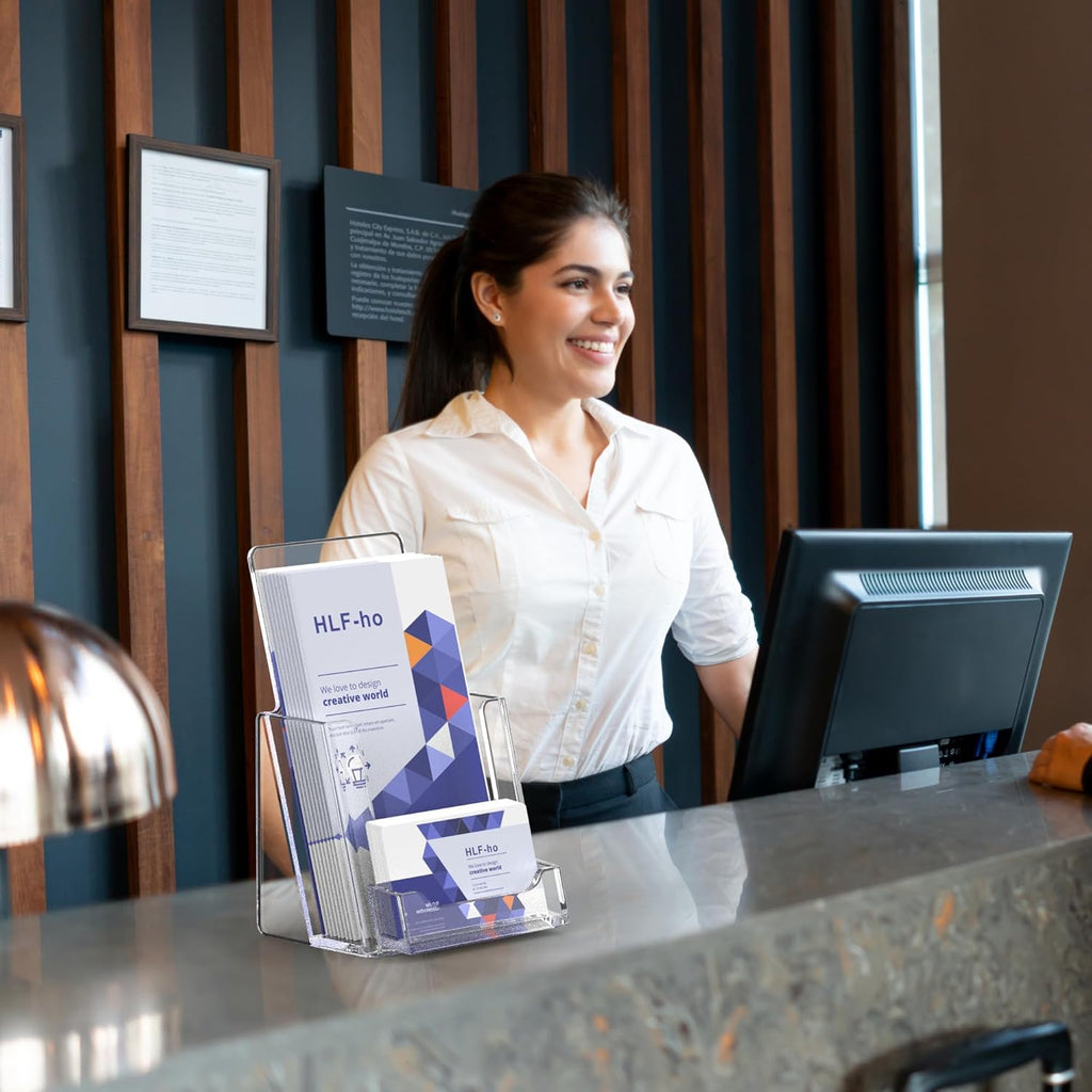 Brochure Holder 4x9 Inch Acrylic Literature Holders Clear Flyer Display Stand with Business Card Slot Pamphlet Holder Multi Purpose Organizer for Office, Lobby, Hotels, Trade Shows, 2 Pack
