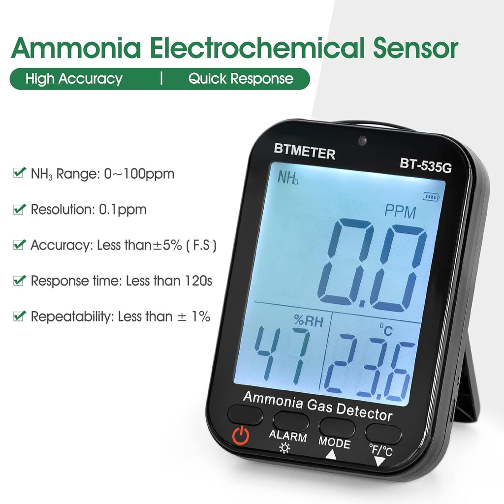 BTMETER Ammonia Gas Detector 535G, Air Quality Meter Monitor Indoor NH3 Gas 0~100 PPM, Relative Humidity and Temperature, Rechargeable Ammonia Gauge with Alarm, Backlit LCD Display