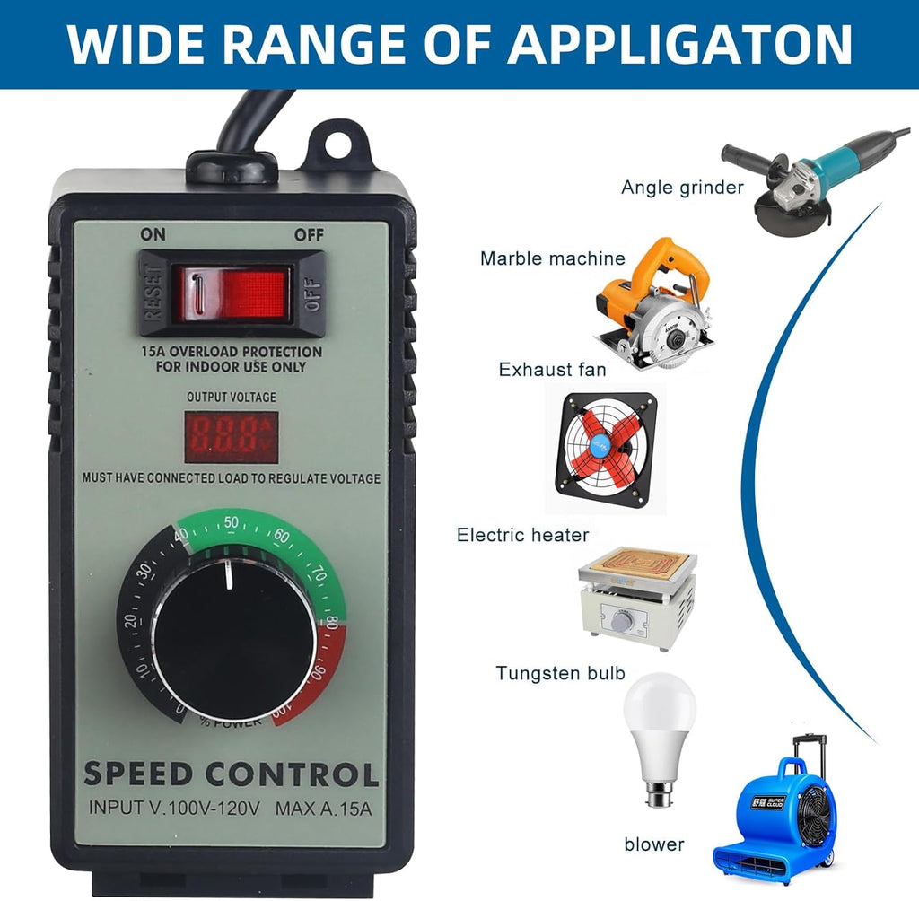 Versatile AC Motor Speed Controller - 100V-120V, 15A Max - Electric Fan Speed Regulator with Overload Protection, Electronic Voltage Regulation, and Voltage LED Display