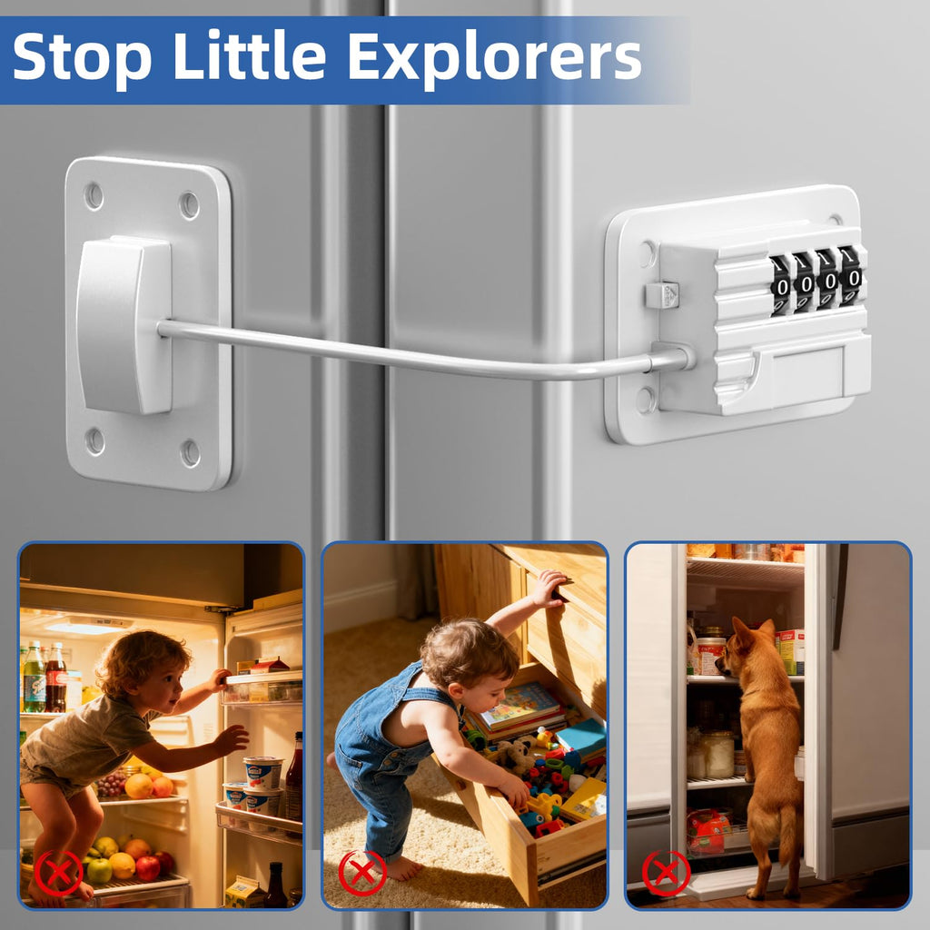 Refrigerator Lock, Heavy Duty Fridge Locks for Kids, Freezer Lock with Combination for Refrigerator Drawer Cabinet Safety, Easy to Install No Keys Needed White, 2 Packs