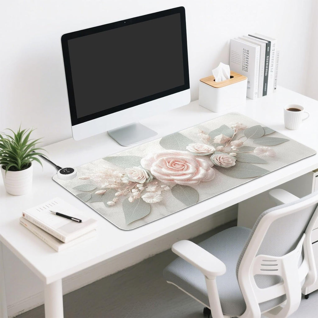 Large Heated Mouse Pad,Leather Desk Mat,31.5"x13",Hand Warmer Pads for Desk,Rose(Cream)