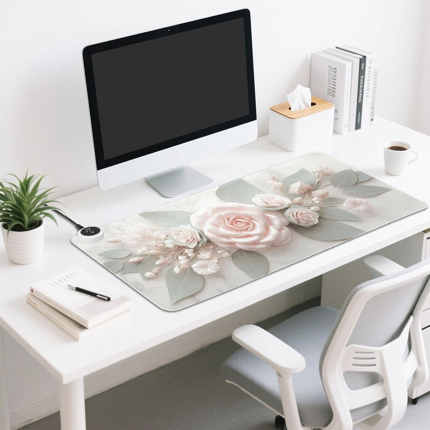 Large Heated Mouse Pad,Leather Desk Mat,31.5"x13",Hand Warmer Pads for Desk,Rose(Cream)