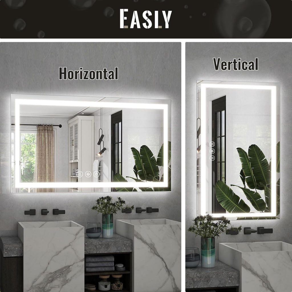 LED Bathroom Mirror, 32x48 Inch White Framed Gradient Front and Backlit Vanity Mirror, Anti-Fog, Dimmable, Wall Mounted Horizontal/Vertical Lighted Mirror, LED Vanity